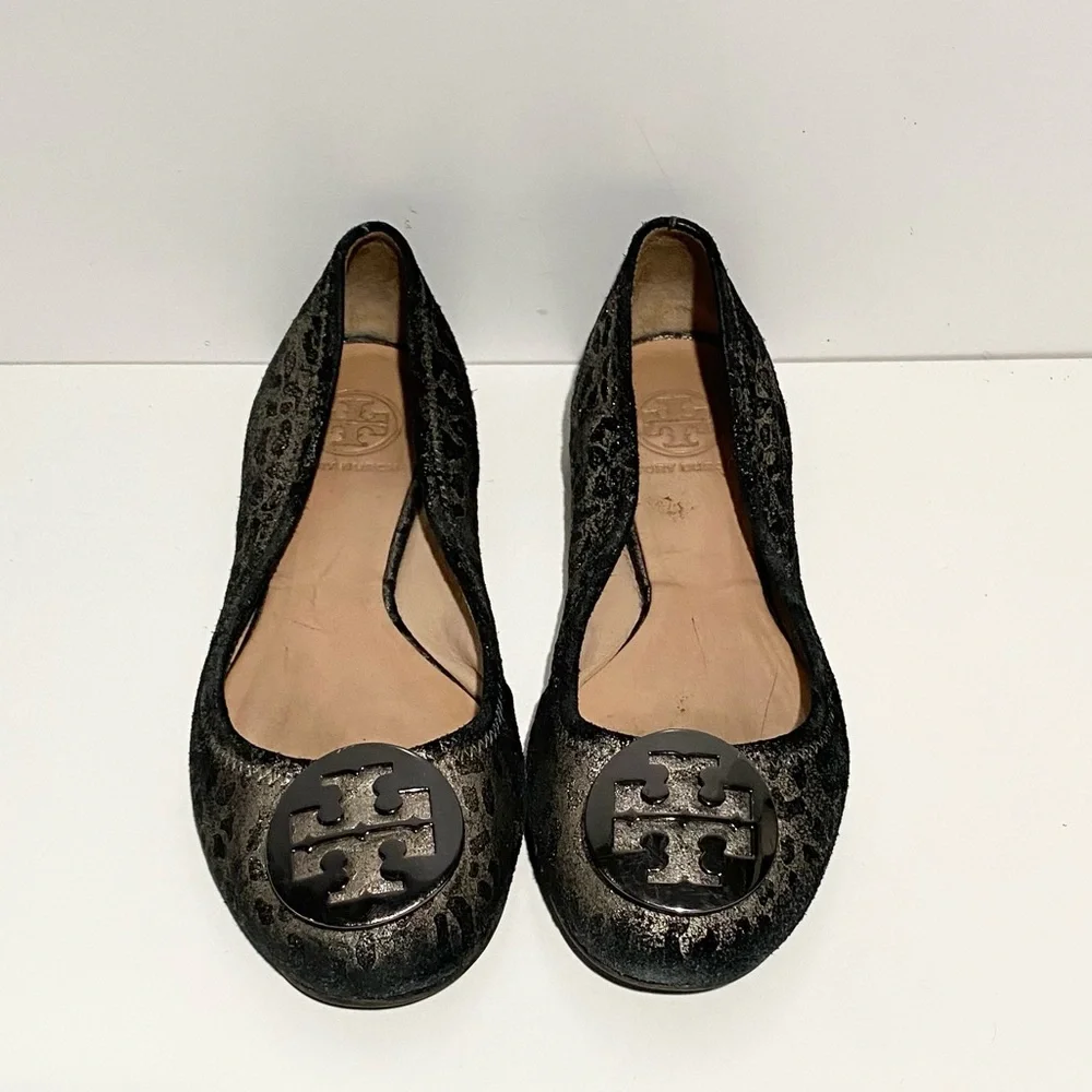 Tory Burch Luisa‎ Anthracite Metallic Women's Leopard Print Ballet Flats